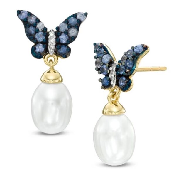 Blue Sapphire and Pearl Butterfly Drop Earrings