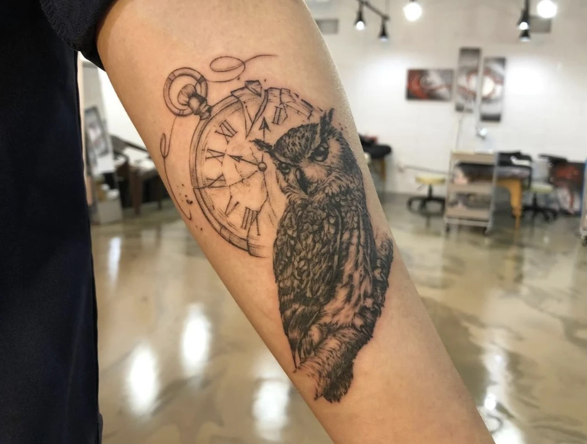 Owl Tattoo with Clock