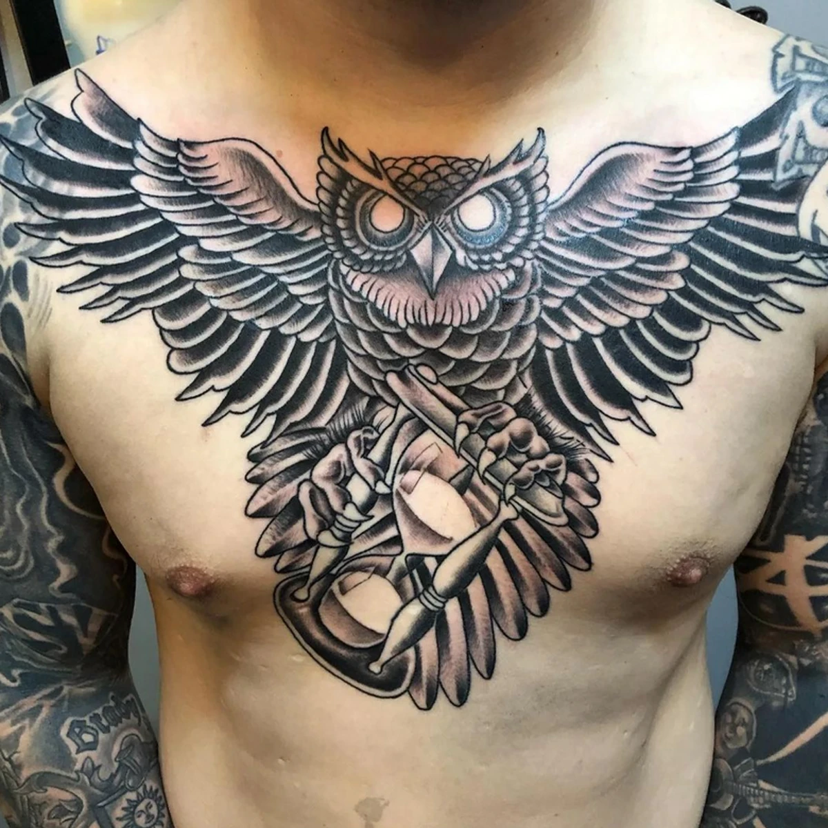line work for my owl chest piece done by Dale at... - INKPEDIA