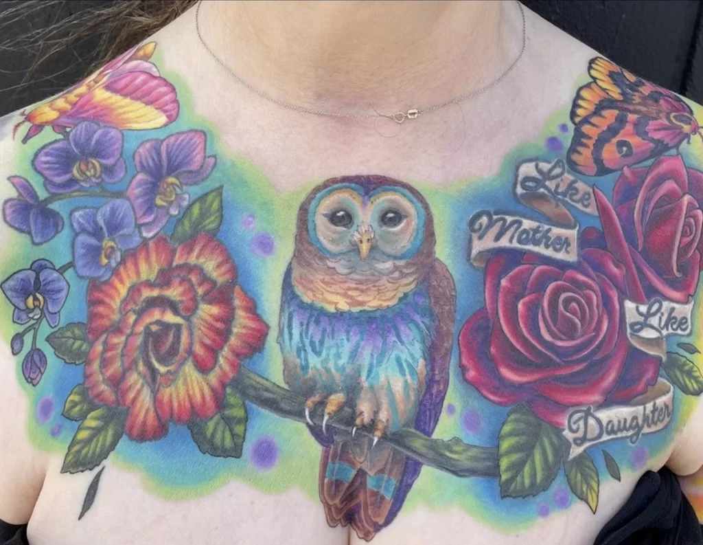 Colorful Owl Tattoo on Chest