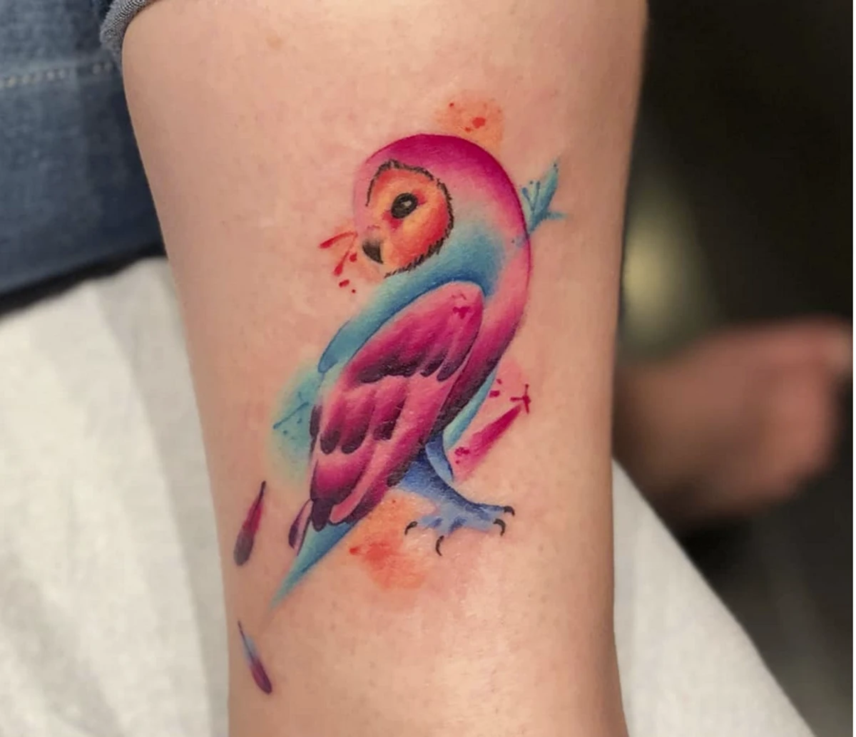 Pink and Blue Barn Owl Tattoo