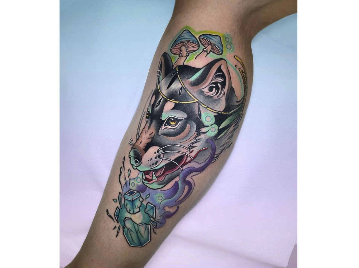 Colorful Wolf Tattoo on Leg