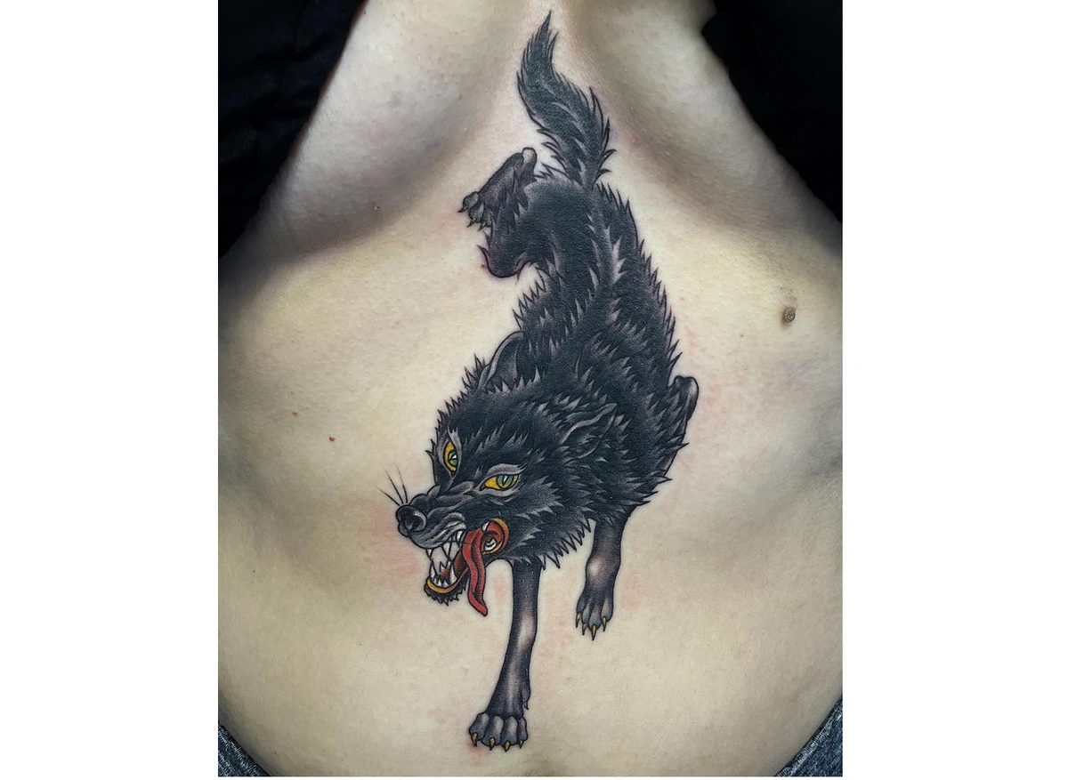 Black Wolf Tattoo on Stomach