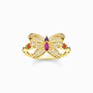 Gold, Colorful Stone & Faux Diamonds Butterfly Cocktail Ring