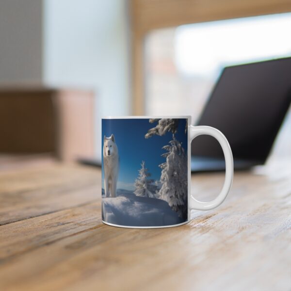 Three White Wolves Coffee Mug Side View