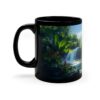 Black Mug with Tropical Paradise, Waterfall, and Blue Morphos Side