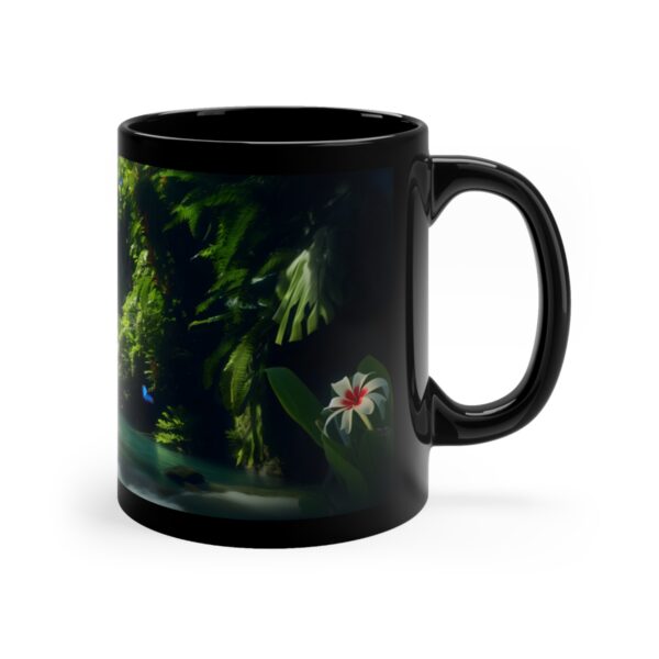 Black Coffee Mug with Tropical Paradise Flowers and Blue Butterflies Side