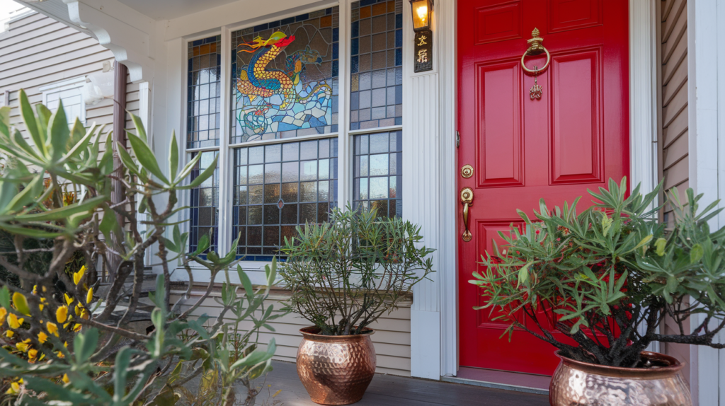 Red Door with Dragon Stained Glass Window